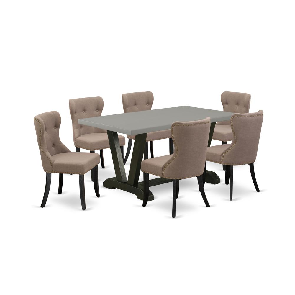 East West Furniture V696SI648-7 7-Piece Kitchen Dining Room Set- 6 Kitchen Chairs with Coffee Linen Fabric Seat and Button Tufted Chair Back - Rectangular Table Top & Wooden Legs - Cement and Wire bru. Picture 1