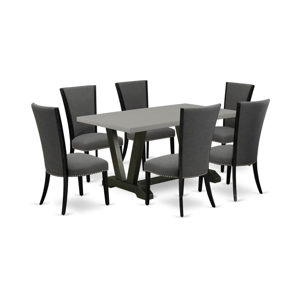 East West Furniture 7 Pc Dinner Table Set Includes a Cement Kitchen Table and 6 Dark Gotham Grey Linen Fabric Upholstered Dining Chairs with High Back - Wire Brushed Black Finish. Picture 1