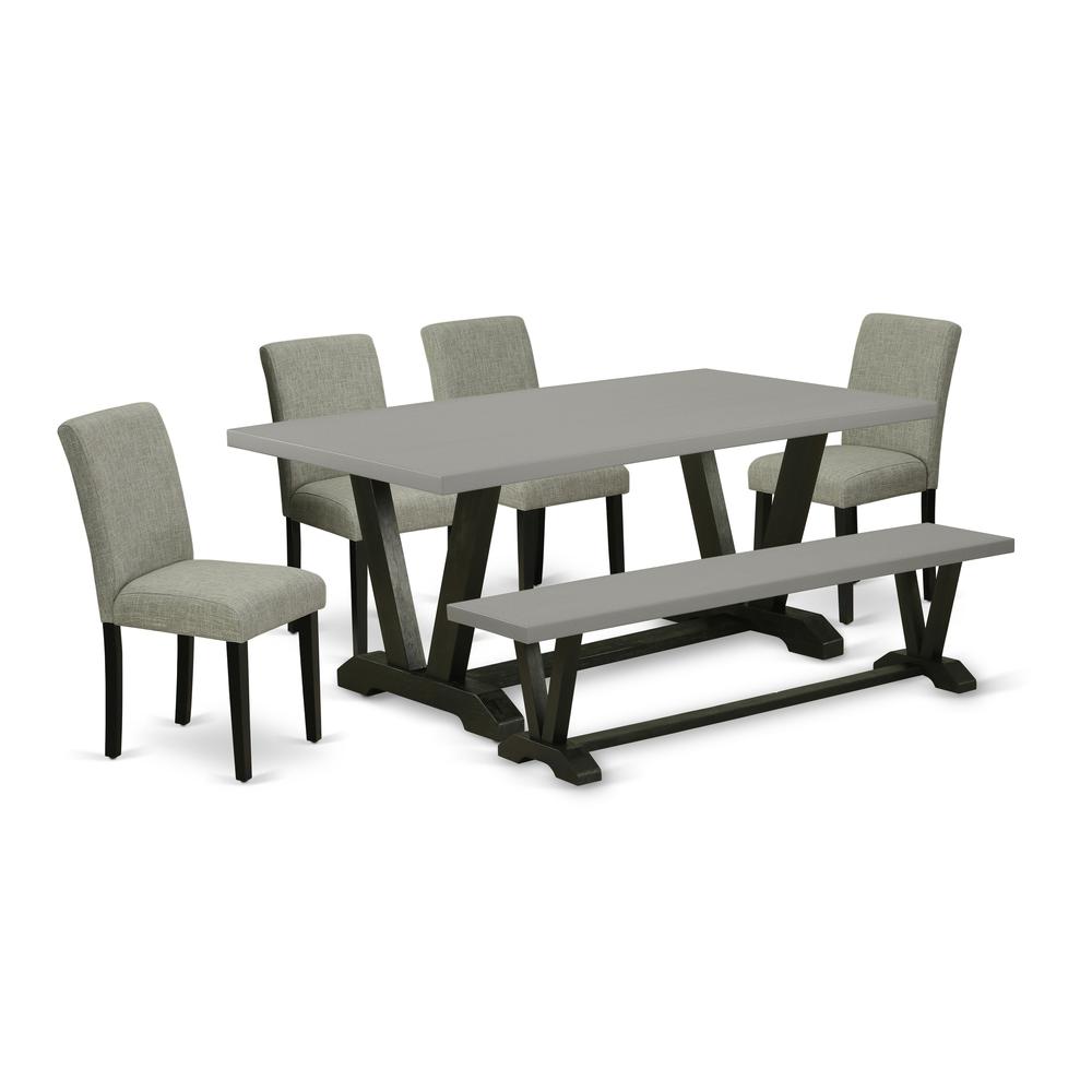 East West Furniture V697AB106-6 6-Pc Dining Room Set - 4 Parson Chairs, a Dining Bench Cement Top and 1 Modern Cement Dining Table Top with High Chair Back - Wire Brushed Black Finish. Picture 1