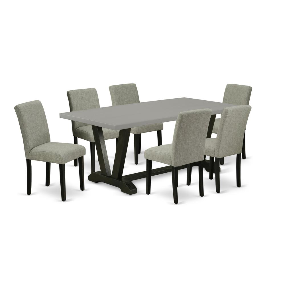 East West Furniture V697AB106-7 7-Pc Dining Room Table Set - 6 Padded Parson Chairs and 1 Modern Rectangular Cement Kitchen Dining Table Top with High Chair Back - Wire Brushed Black Finish. Picture 1