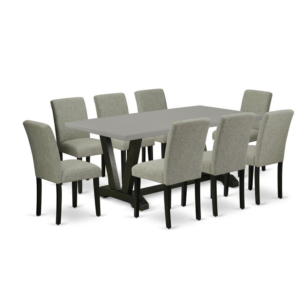East West Furniture V697AB106-9 9-Pc Dinette Room Set - 8 Kitchen Parson Chairs and 1 Modern Rectangular Cement Kitchen Table Top with High Chair Back - Wire Brushed Black Finish. Picture 1