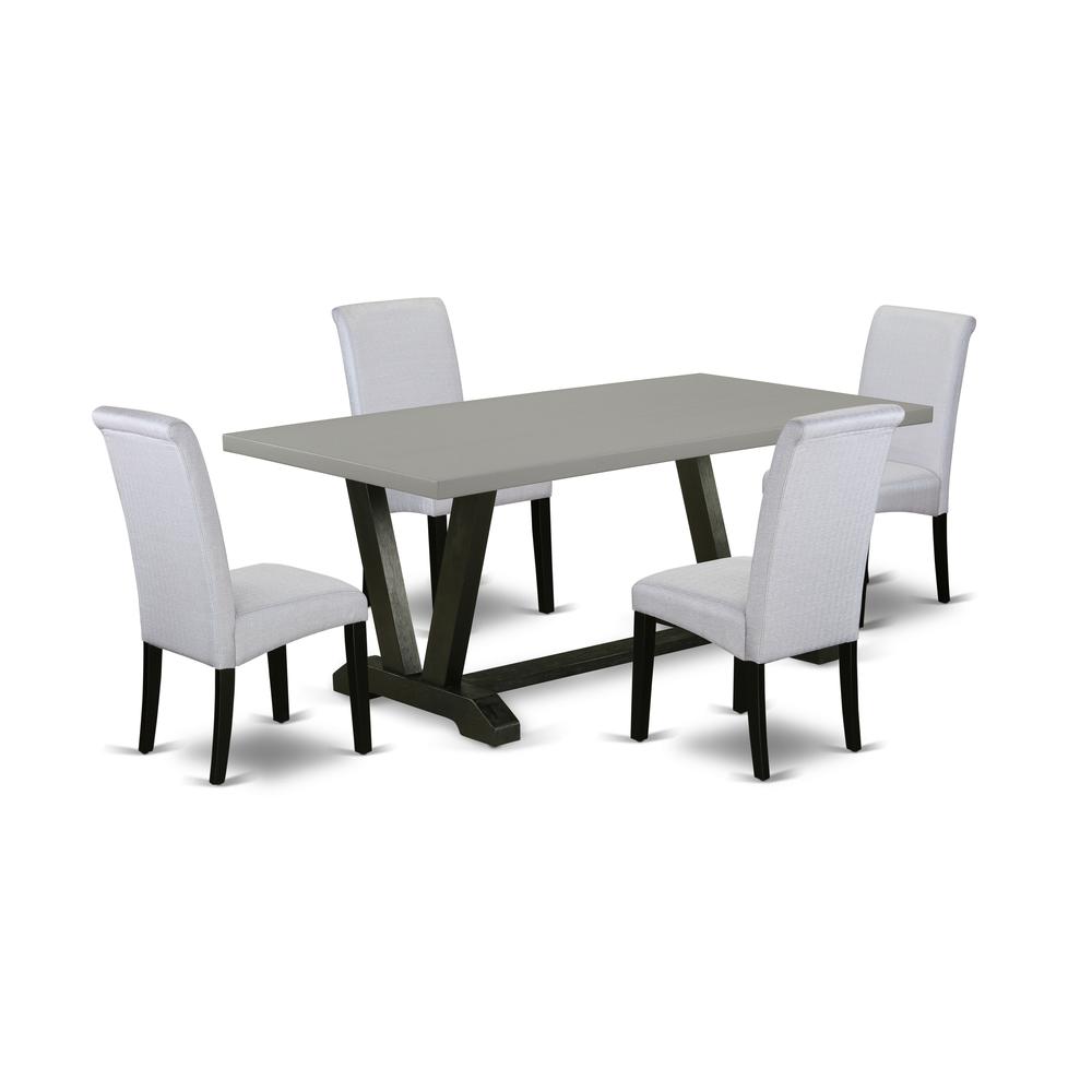 East West Furniture V697BA105-5 5-Pc Modern Dining Table Set - 4 Padded Parson Chairs and 1 Modern Rectangular Cement Dining Room Table Top with High Chair Back - Wire Brushed Black Finish. Picture 1