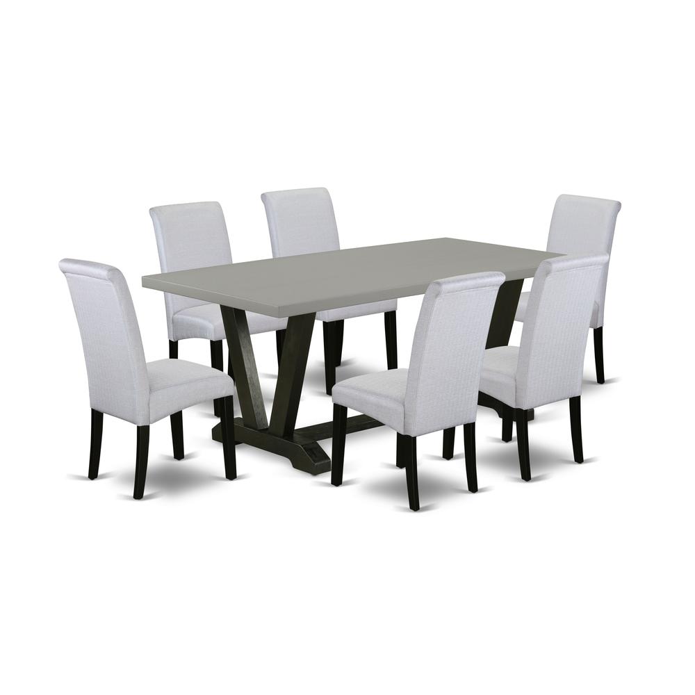 East West Furniture V697BA105-7 7-Pc Dining Room Set - 6 Dining Chairs and 1 Modern Rectangular Cement Wood Dining Table Top with High Chair Back - Wire Brushed Black Finish. Picture 1