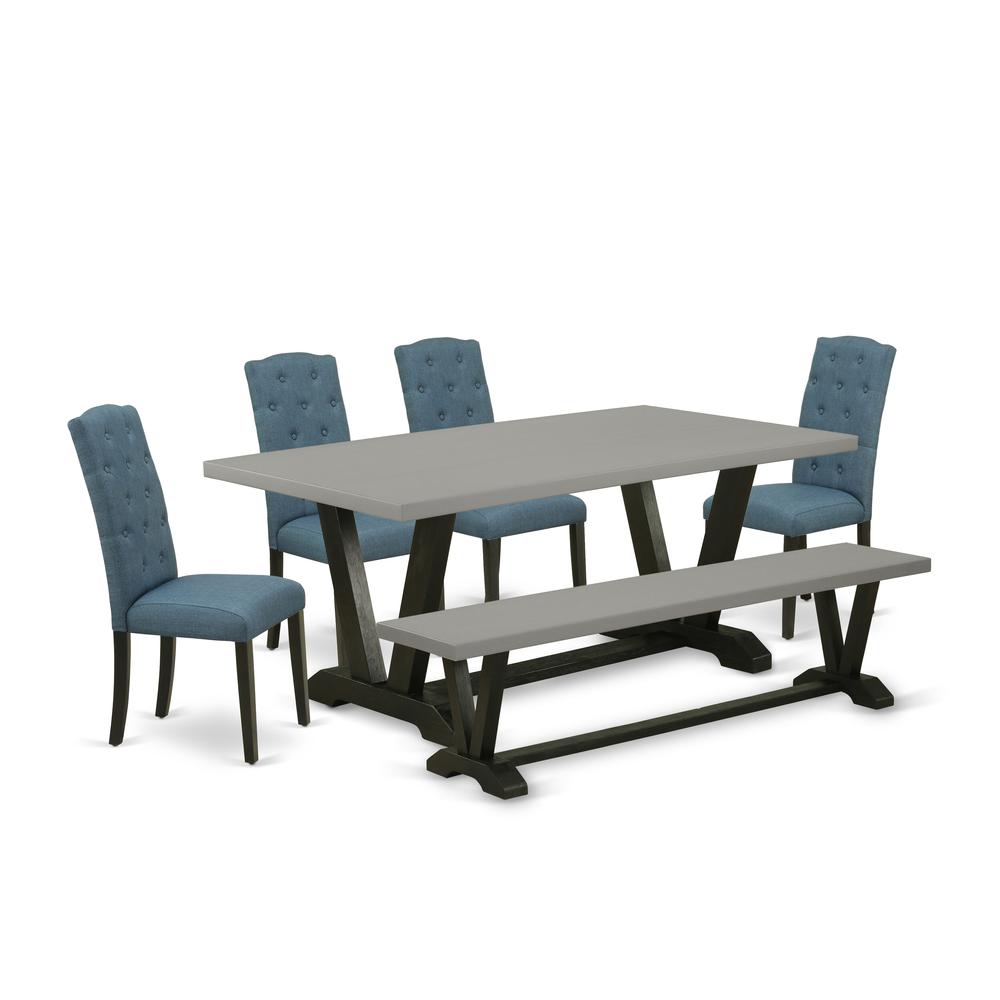 East West Furniture 6 Piece Dining Set Contains a Cement Dining Room Table and a Kitchen Bench, 4 Blue Linen Fabric Upholstered Chairs with Button Tufted Back - Wire Brushed Black Finish. Picture 1
