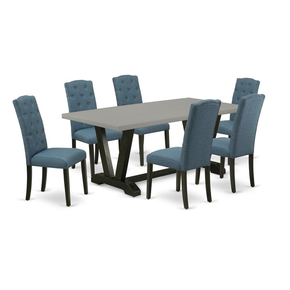 East West Furniture V697CE121-7 7-Pc Dining Room Set - 6 Parson Chairs and 1 Modern Rectangular Cement Wooden Dining Table Top with Button Tufted Chair Back - Wire Brushed Black Finish. Picture 1