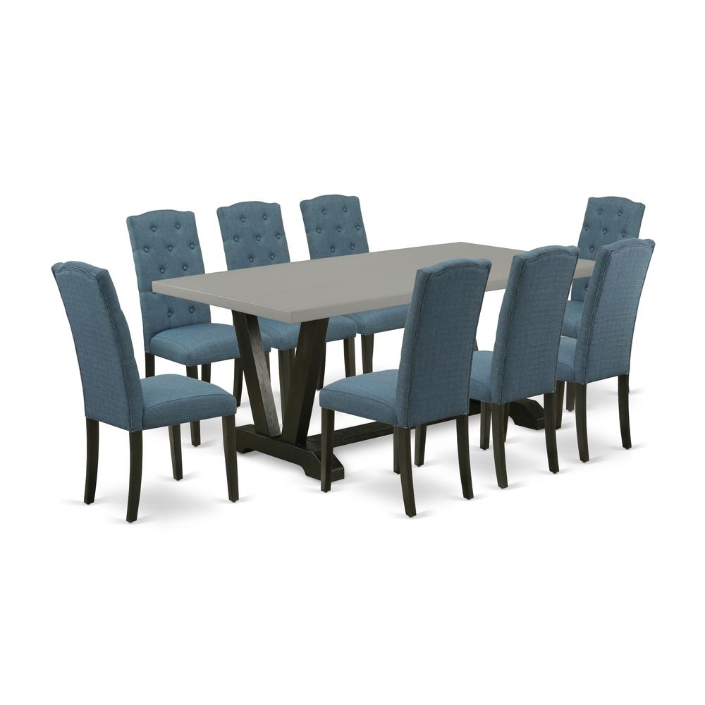 East West Furniture V697CE121-9 9-Pc Dining Room Set - 8 Dining Chairs and 1 Modern Rectangular Cement Wood Dining Table Top with Button Tufted Chair Back - Wire Brushed Black Finish. Picture 1
