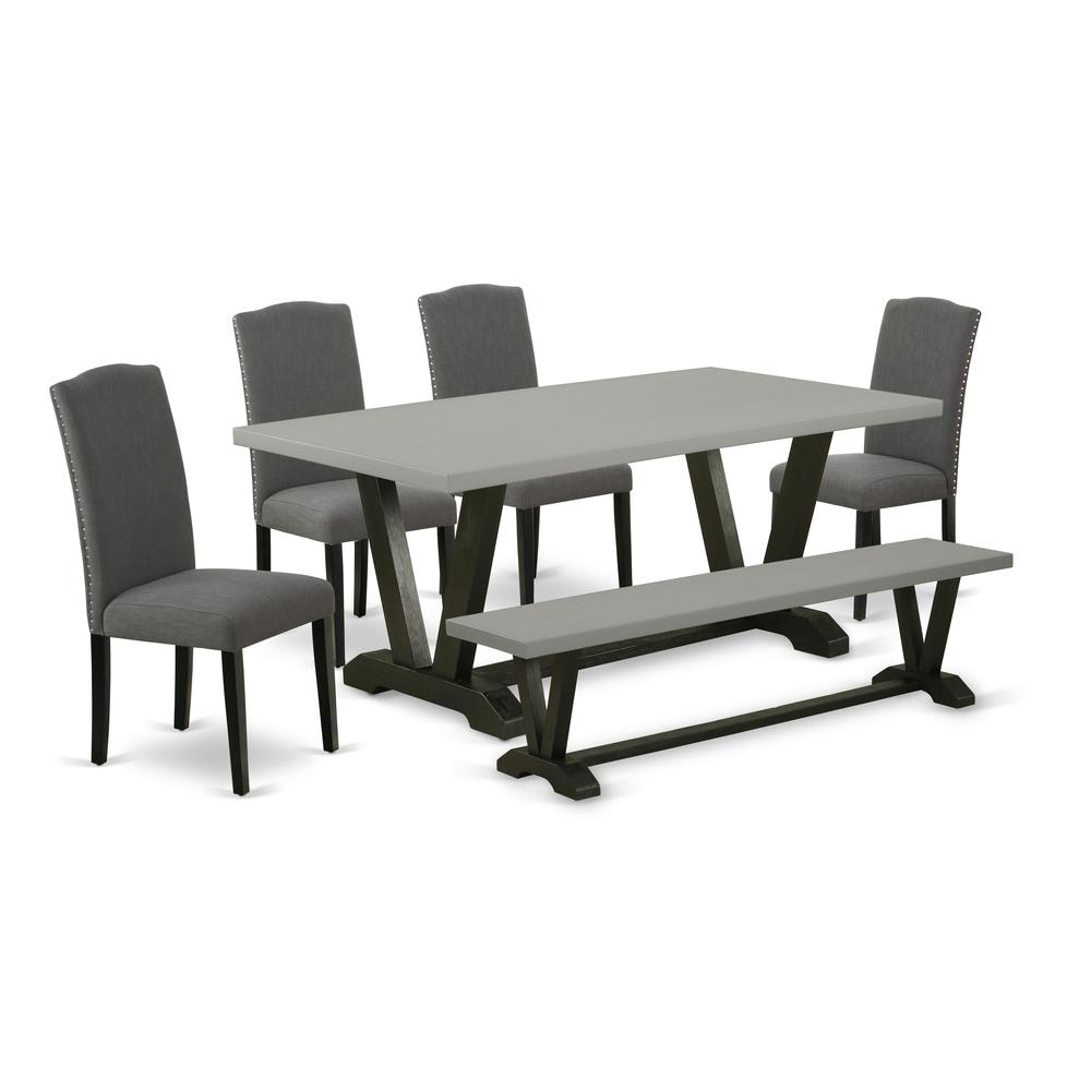 East West Furniture V697EN120-6 - 6-Piece Dining Room Set - 4 Upholstered Dining Chairs, a Wonderful Bench and a Rectangular Table Hardwood Structure. Picture 1