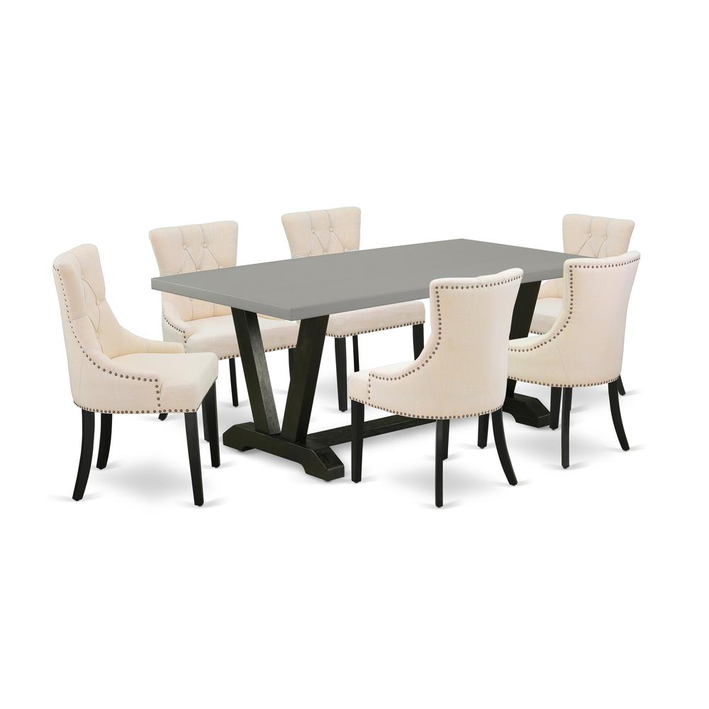 East West Furniture V697FR102-7 7-Pc Kitchen Dining Set - 6 Dining Chairs and 1 Modern Rectangular Cement Wood Dining Table Top with Button Tufted Chair Back - Wire Brushed Black Finish. Picture 1