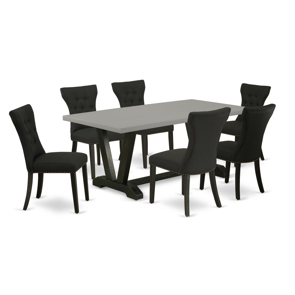 East West Furniture V697GA124-7 7-Pc Modern Dining Set - 6 Dining Chairs and 1 Modern Rectangular Cement Kitchen Dining Table Top with Button Tufted Chair Back - Wire Brushed Black Finish. Picture 1