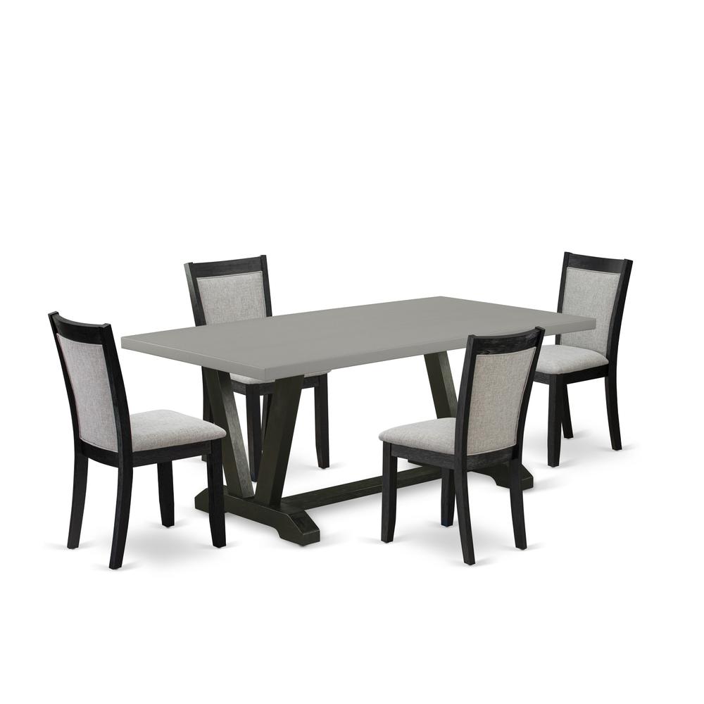 East West Furniture 5 Piece Mid Century Dining Set - Cement Top Wooden Table with Trestle Base and 4 Shitake Linen Fabric Upholstered Dining Chairs - Wire Brushed Black Finish. Picture 1