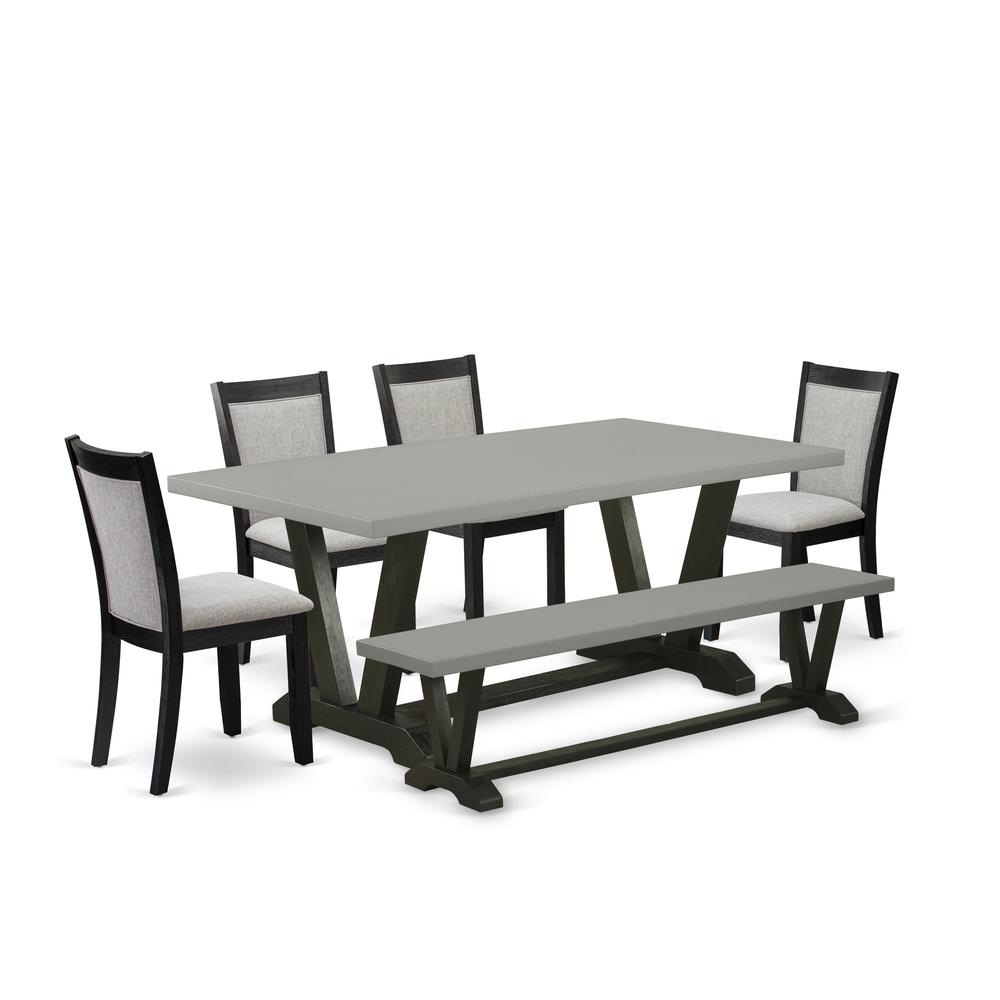 East West Furniture 6 Piece Modern Dining Set - Cement Top Dinning Table with a Kitchen Bench and 4 Shitake Linen Fabric Upholstered Parson Chairs - Wire Brushed Black Finish. Picture 1