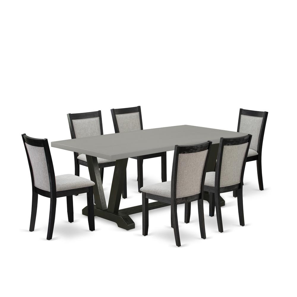 East West Furniture 7 Piece Mid Century Dining Set - Cement Top Modern Kitchen Table with Trestle Base and 6 Shitake Linen Fabric Upholstered Dining Chairs - Wire Brushed Black Finish. Picture 1