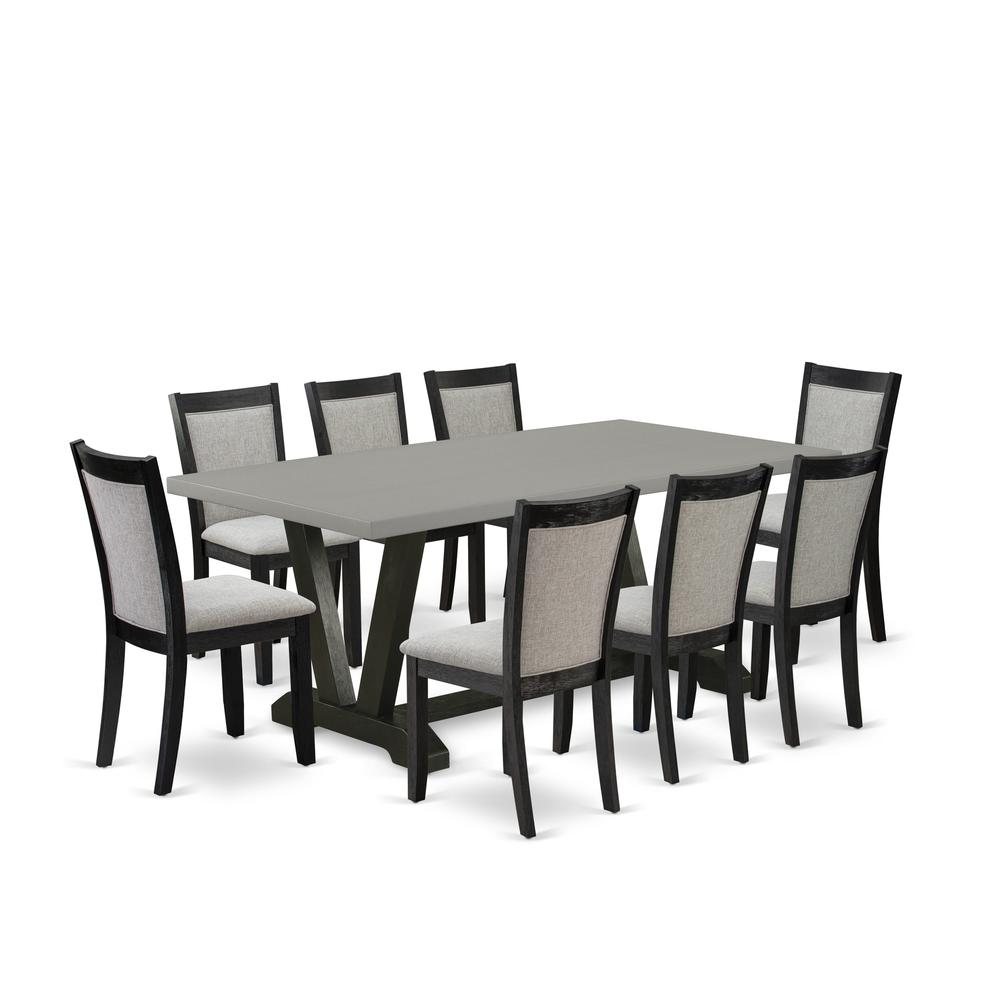 East West Furniture 9 Piece Modern Dining Set - A Cement Top Wooden Table with Trestle Base and 8 Shitake Linen Fabric Kitchen Chairs - Wire Brushed Black Finish. Picture 1