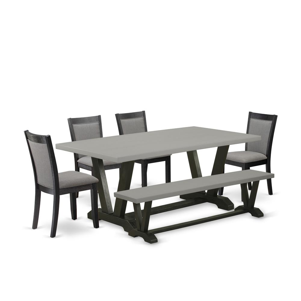 East West Furniture 6 Pc Dinner Table Set - Cement Top Modern Dining Table with a Wooden Bench and 4 Dark Gotham Grey Linen Fabric Upholstered Dining Chairs - Wire Brushed Black Finish. Picture 1