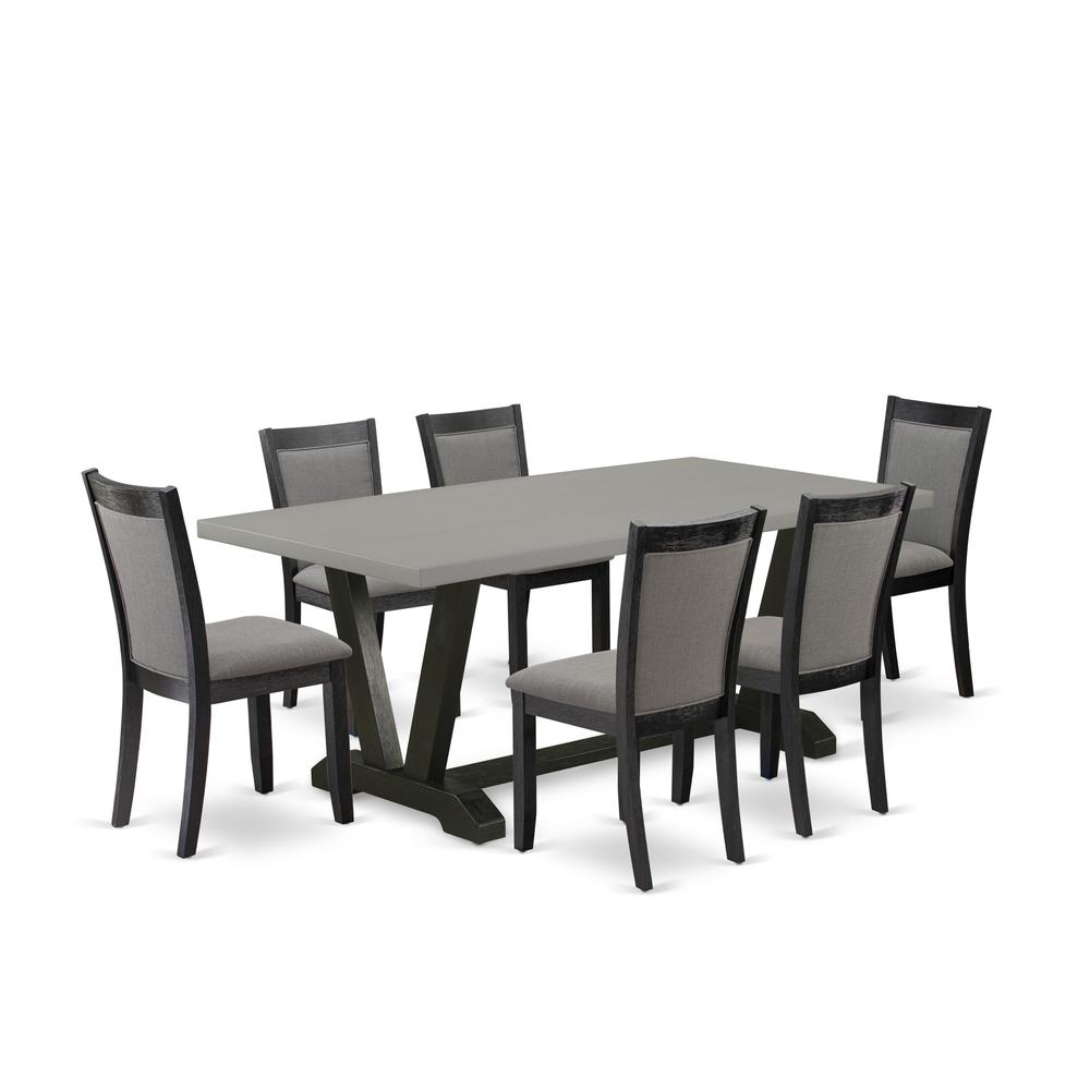 East West Furniture 7 Piece Modern Dining Set - Cement Top Modern Kitchen Table with Trestle Base and 6 Dark Gotham Grey Linen Fabric Dining Chairs - Wire Brushed Black Finish. Picture 1