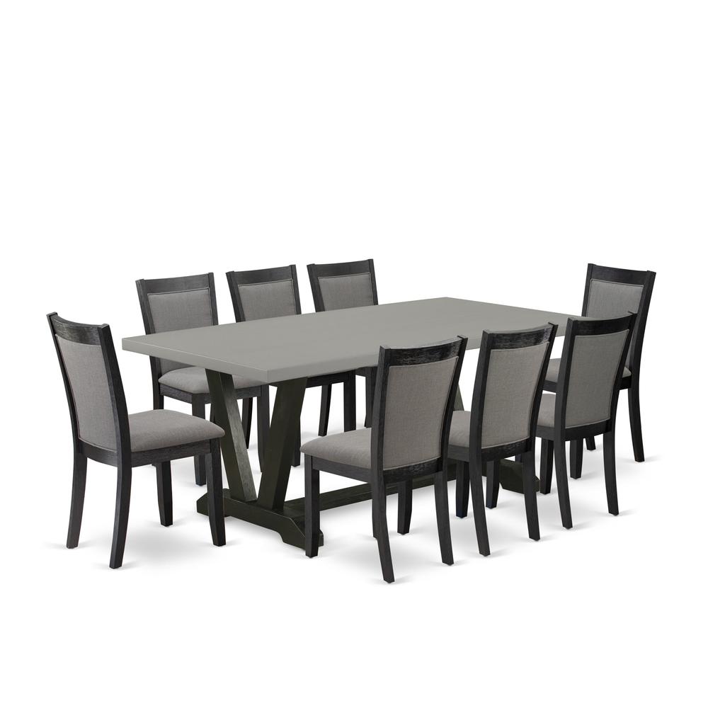 East West Furniture 9 Piece Dining Room Set - Cement Top Wood Dining Table with Trestle Base and 8 Dark Gotham Grey Linen Fabric Parson Chairs - Wire Brushed Black Finish. Picture 1
