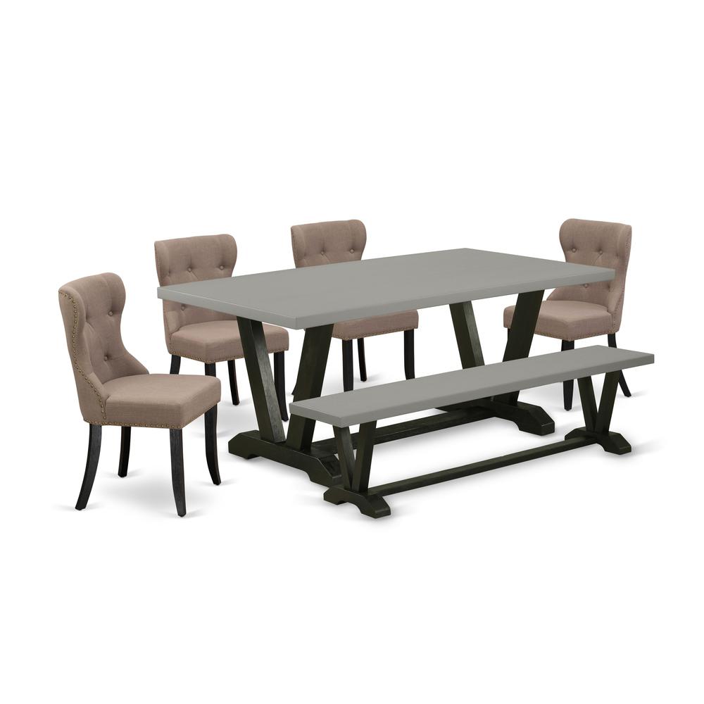 East West Furniture V697SI648-6 6-Piece Modern Dining Table Set- 4 Kitchen Chairs with Coffee Linen Fabric Seat and Button Tufted Chair Back - Rectangular Top & Wooden Legs Kitchen Table and Wooden Di. Picture 1