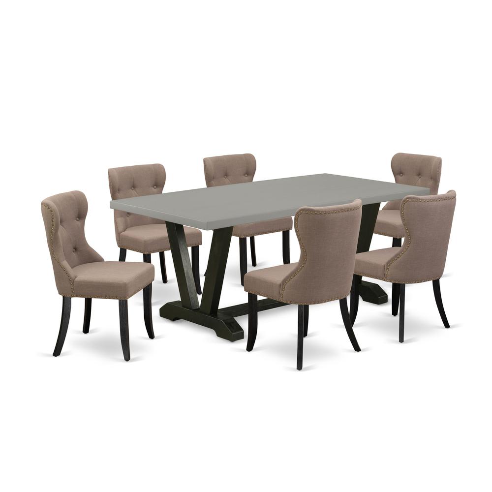 East West Furniture V697SI648-7 7-Pc Dining Room Table Set- 6 Kitchen Parson Chairs with Coffee Linen Fabric Seat and Button Tufted Chair Back - Rectangular Table Top & Wooden Legs - Cement and Wire b. Picture 1