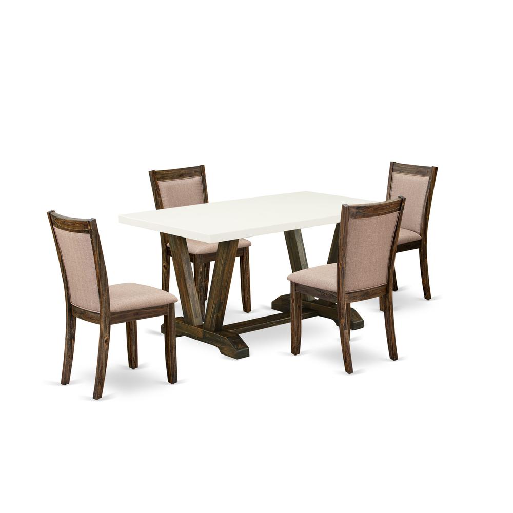 V726MZ716-5 5 Pc Modern Dining Table Set - A Dining Table with Trestle Base and 4 Dining Room Chairs - Distressed Jacobean Finish. Picture 1