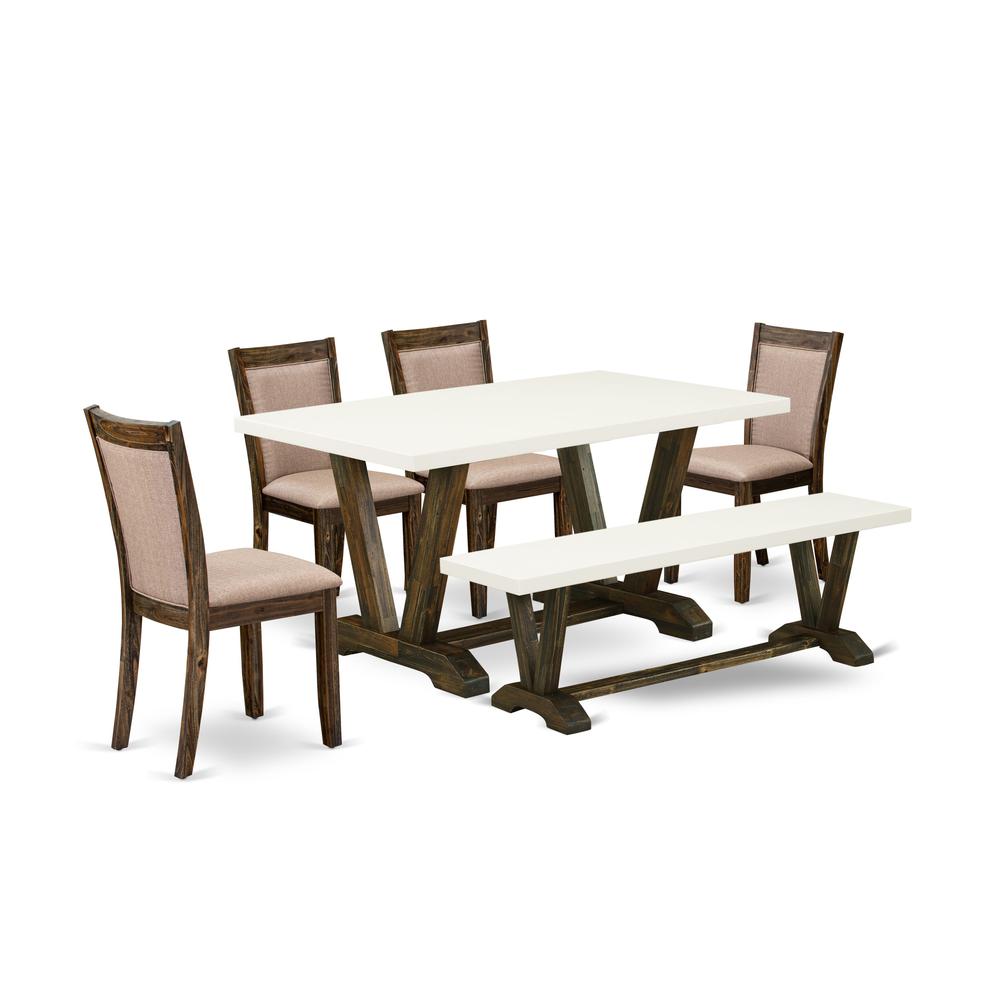 V726MZ716-6 6 Piece Dining Set- A Dinning Table in Trestle Base with Wood Bench and 4 Dining Chairs - Distressed Jacobean Finish. Picture 1