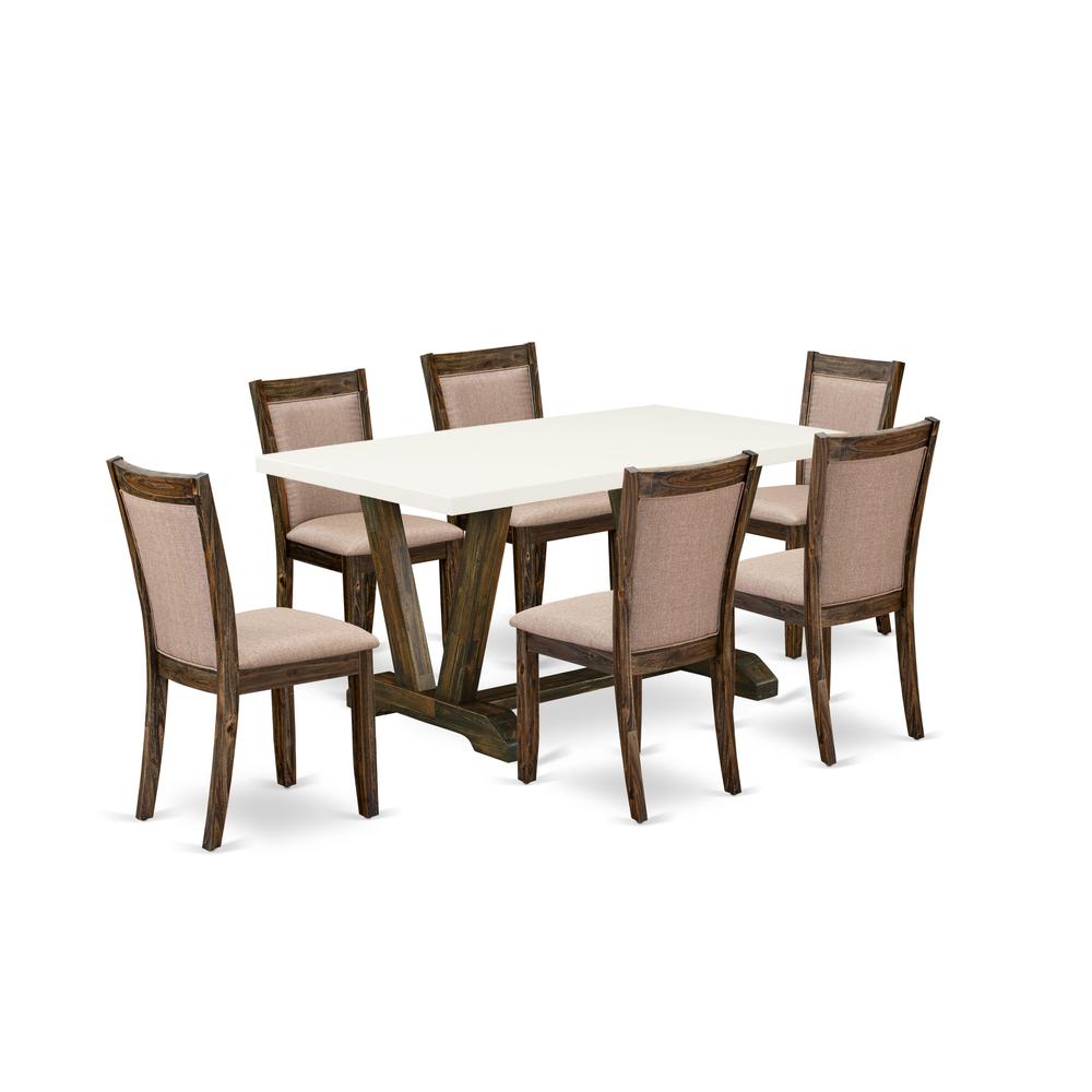 V726MZ716-7 7 Piece Modern Dining Set - A Dining Table with Trestle Base and 6 Chairs For Dining Room - Distressed Jacobean Finish. Picture 1