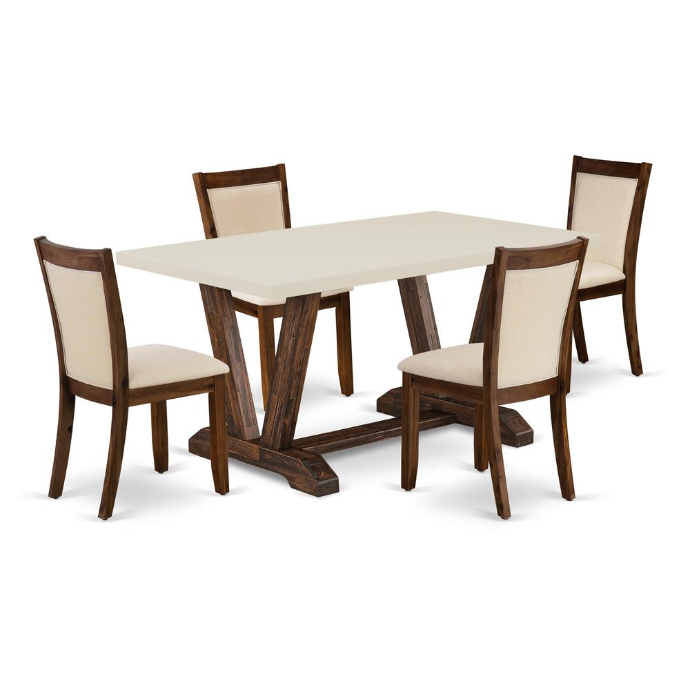 East West Furniture 5-Pc Kitchen Set - 1 Dining Table with Linen White Tabletop and 4 Light Beige Linen Fabric Modern Chairs with Stylish High Back (Distressed Jacobean Finish). Picture 1
