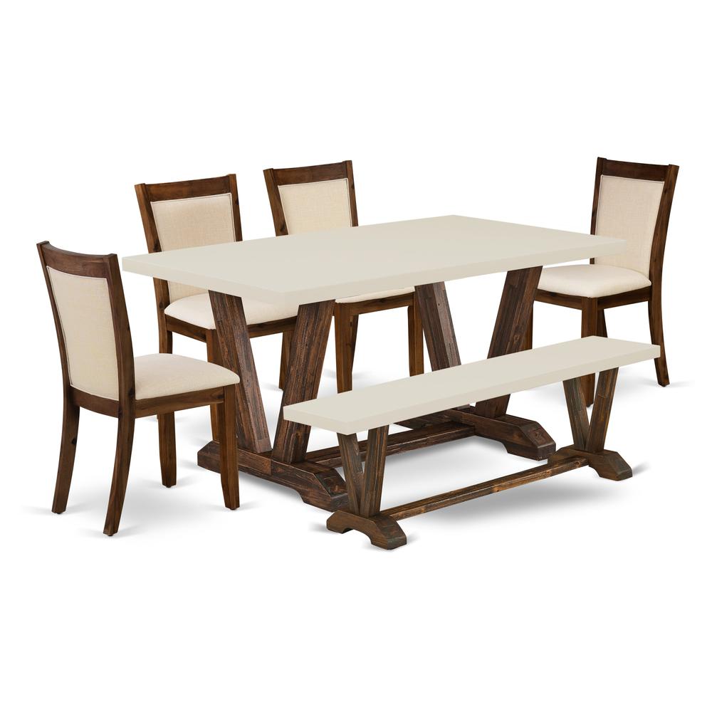 East West Furniture 6-Pc Dining Set - 1 Kitchen Table, A Dining Bench with Linen White Top and 4 Light Beige Linen Fabric Dining Chairs with Stylish Back - Distressed Jacobean Finish. Picture 1