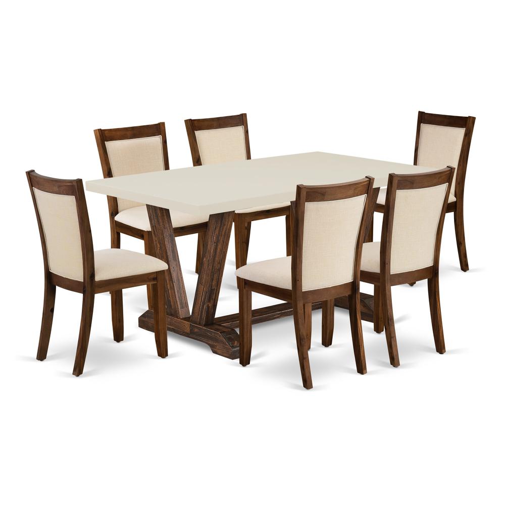 East West Furniture 7-Pc Dining Table Set - A Dining Table with Linen White Top and 6 Light Beige Linen Fabric Modern Dining Chairs with Stylish Back (Distressed Jacobean Finish). Picture 1