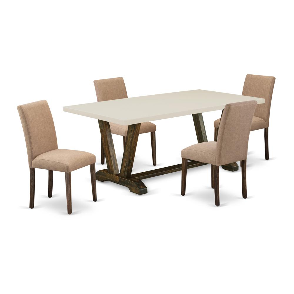 East West Furniture 5-Piece Modern Dining Set-A Modern Table and 4Linen FabricModern Chairs with High Back - Distressed Jacobean Finish. Picture 1