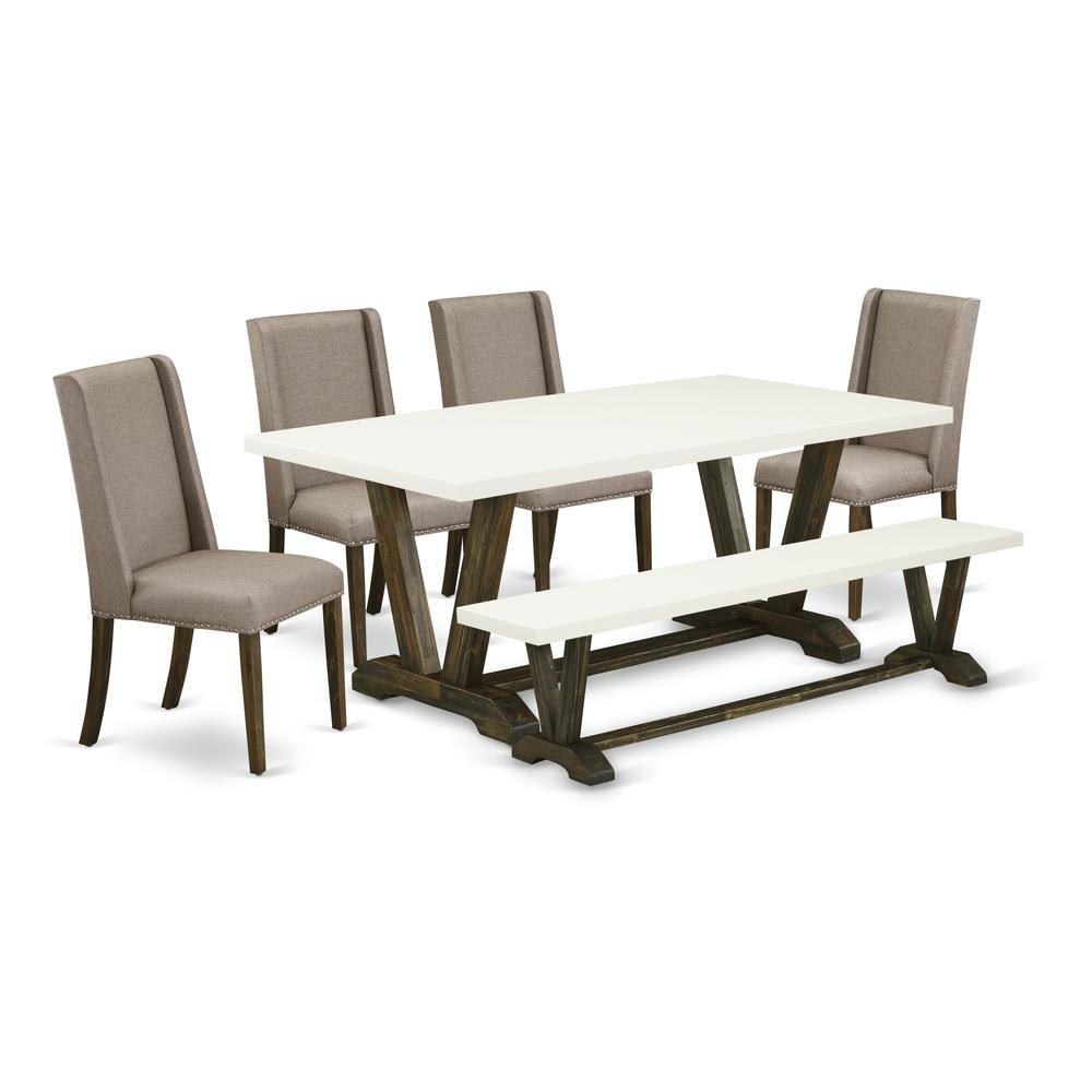 East West Furniture 6-Piece Kitchen Dining Table Set-Dark Khaki Linen Fabric Seat and High Stylish Chair Back Kitchen chairs, A Rectangular Bench and Rectangular Top dining room table with Wooden Legs. Picture 1