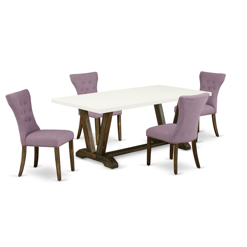 East West Furniture V727GA740-5 5-Pc Kitchen Dining Room Set- 4 Parson Chairs with Dahlia Linen Fabric Seat and Button Tufted Chair Back - Rectangular Table Top & Wooden Legs - Linen White and Distres. Picture 1