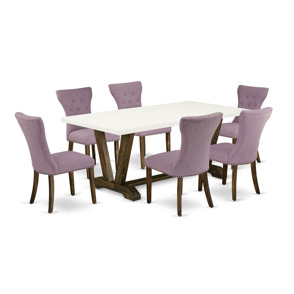 East West Furniture V727GA740-7 7-Pc Dining Table Set- 6 Parson Dining Chairs with Dahlia Linen Fabric Seat and Button Tufted Chair Back - Rectangular Table Top & Wooden Legs - Linen White and Distres. Picture 1