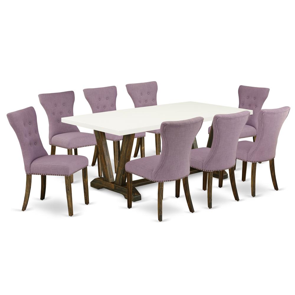 East West Furniture V727GA740-9 9-Pc Dining Room Table Set- 8 Kitchen Parson Chairs with Dahlia Linen Fabric Seat and Button Tufted Chair Back - Rectangular Table Top & Wooden Legs - Linen White and D. Picture 1