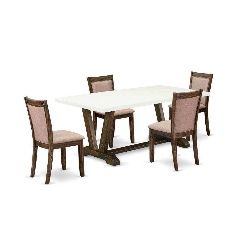 V727MZ716-5 5 Piece Dining Table Set - A Modern Kitchen Table with Trestle Base and 4 Kitchen Chairs - Distressed Jacobean Finish. Picture 1