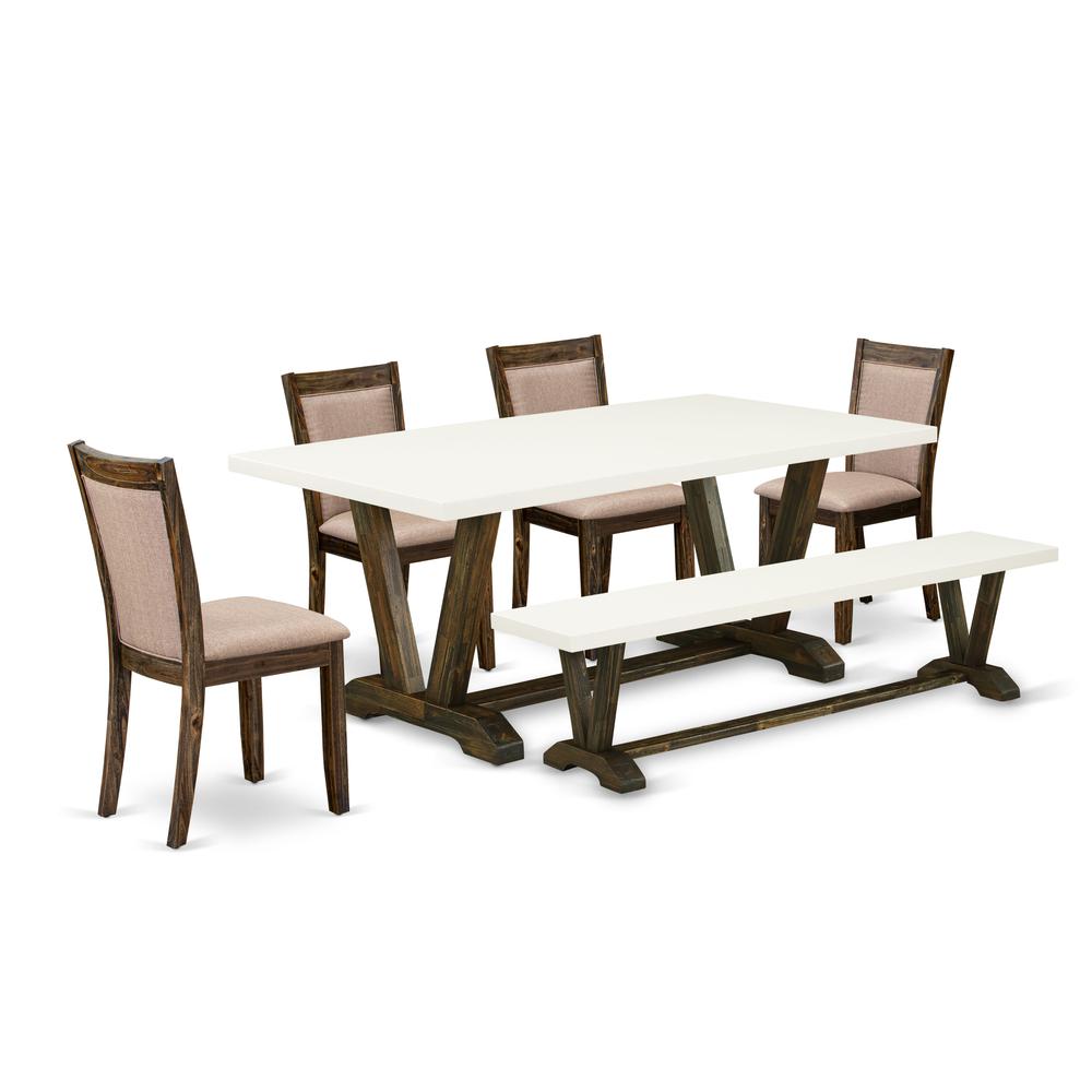 V727MZ716-6 6 Pc Table Set- A Kitchen Table in Trestle Base with Wood Bench and 4 parson chairs - Distressed Jacobean Finish. Picture 1