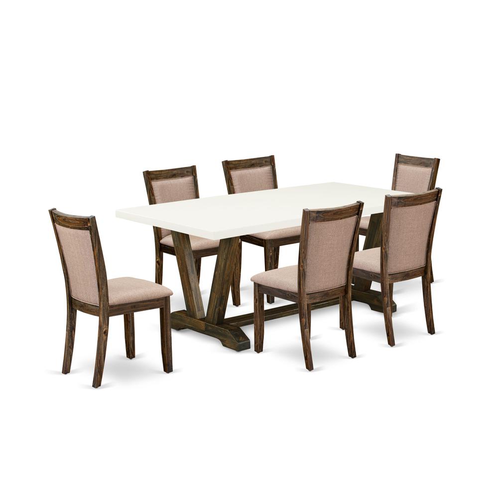 V727MZ716-7 7 Piece Dinning Table Set - A Wooden Dining Table with Trestle Base and 6 Dining Chairs - Distressed Jacobean Finish. Picture 1