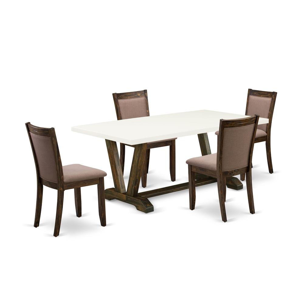 V727MZ748-5 5 Piece Dining Table Set - A Dinner Table with Trestle Base and 4 Coffee Parson Chairs - Distressed Jacobean Finish. Picture 1