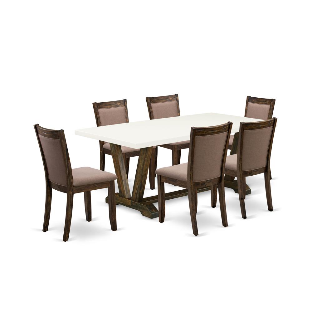 V727MZ748-7 7 Pc Modern Dining Set - A Kitchen Table with Trestle Base and 6 Coffee Dinning Chairs - Distressed Jacobean Finish. Picture 1