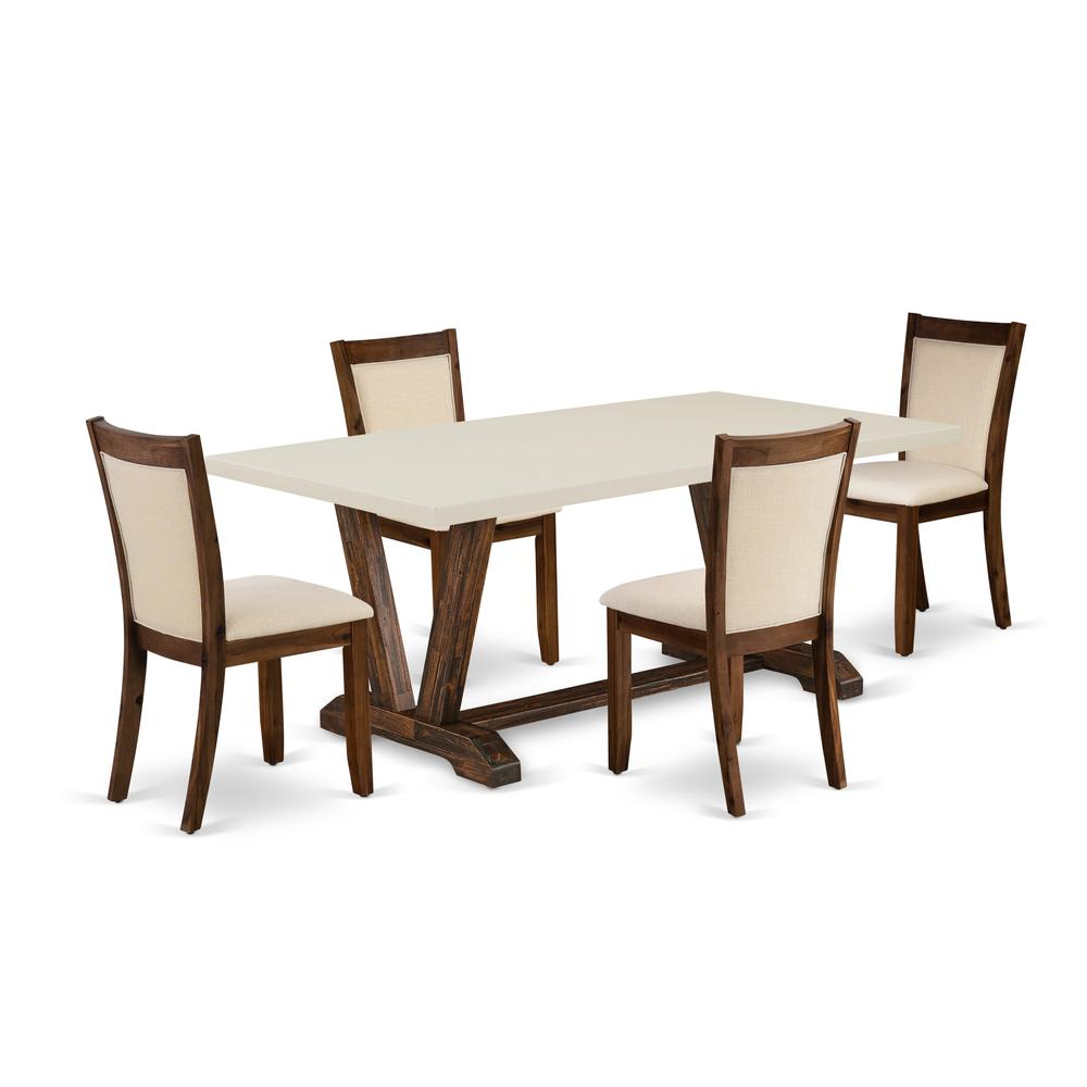 East West Furniture 5-Pieces Dining Room Table Set - A Dining Room Table with Linen White Top and 4 Light Beige Fabric Dining Room Chairs with Stylish Back (Distressed Jacobean Finish). Picture 1