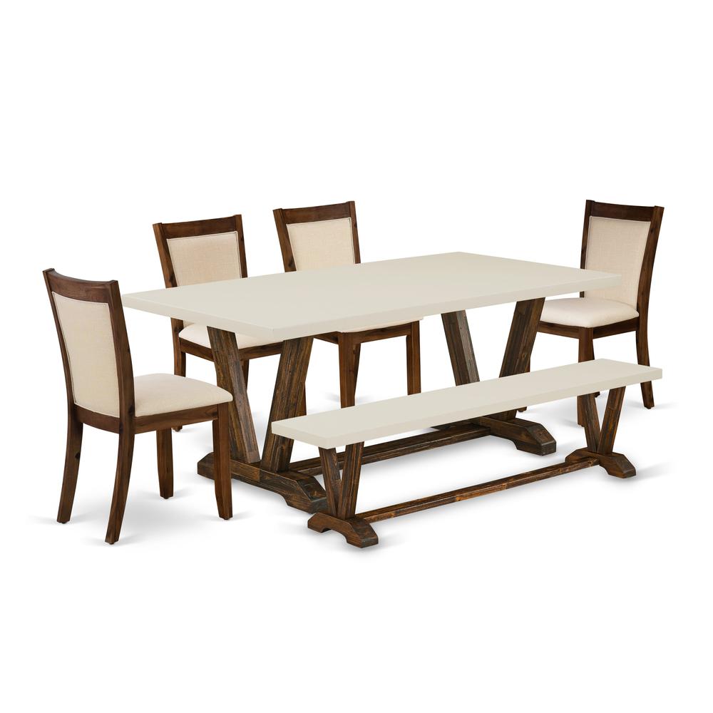 East West Furniture 6-Pc Dining Room Set - 1 Dining Table, Modern Dining Bench with Linen White Top and 4 Light Beige Fabric Kitchen Chairs with Stylish Back (Distressed Jacobean Finish). Picture 1