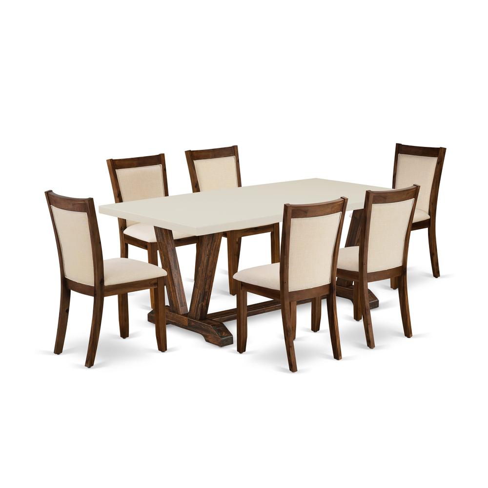 East West Furniture 7-Pieces Dining Room Set - A Dinning Table with Linen white Top and 6 Light Beige Fabric Dining Chairs with Stylish Back (Distressed Jacobean Finish). Picture 1