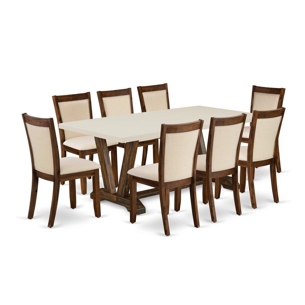 East West Furniture 9-Pc Kitchen Table Set - A Dining Room Table with Linen White Top and 8 Light Beige Fabric Modern Chairs with Stylish Back (Distressed Jacobean Finish). Picture 1
