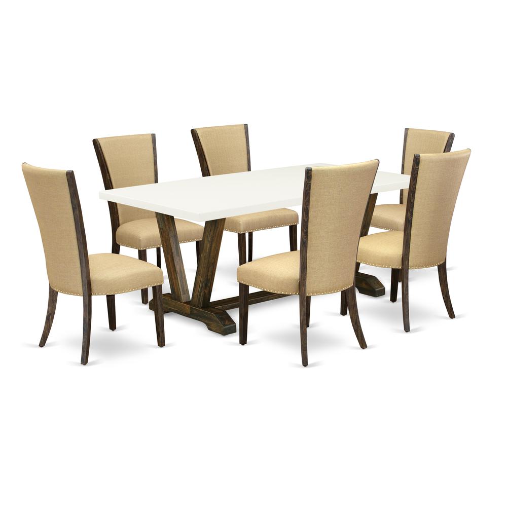 East West Furniture V727VE703-7 7Pc Dinette Sets for Small Spaces Contains a Wood Dining Table and 6 Upholstered Dining Chairs with Brown Color Linen Fabric, Medium Size Table with Full Back Chairs, D. Picture 1