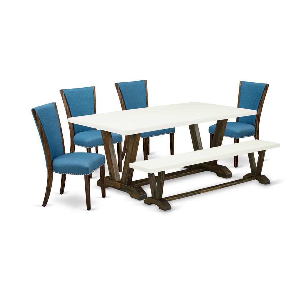 East West Furniture V727VE721-6 6 Piece Dining Room Set - 4 Black Linen Fabric Dining Room Chairs with Nailheads and Linen White Dining Room Table - 1 Mid Century Bench - Distressed Jacobean Finish. Picture 1
