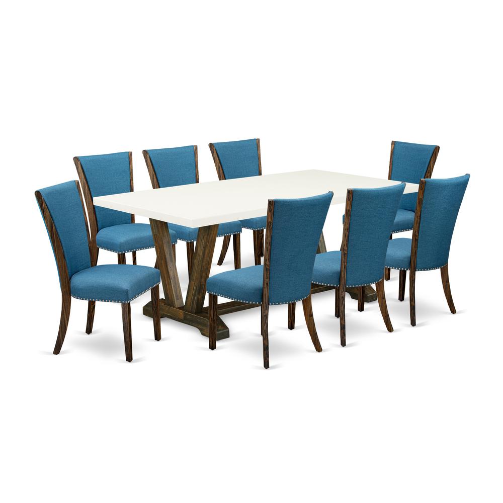 East West Furniture V727VE721-9 9Pc Wood Dining Table Set Consists of a Rectangle Table and 8 Parsons Dining Chairs with Blue Color Linen Fabric, Distressed Jacobean and Linen White Finish. Picture 1