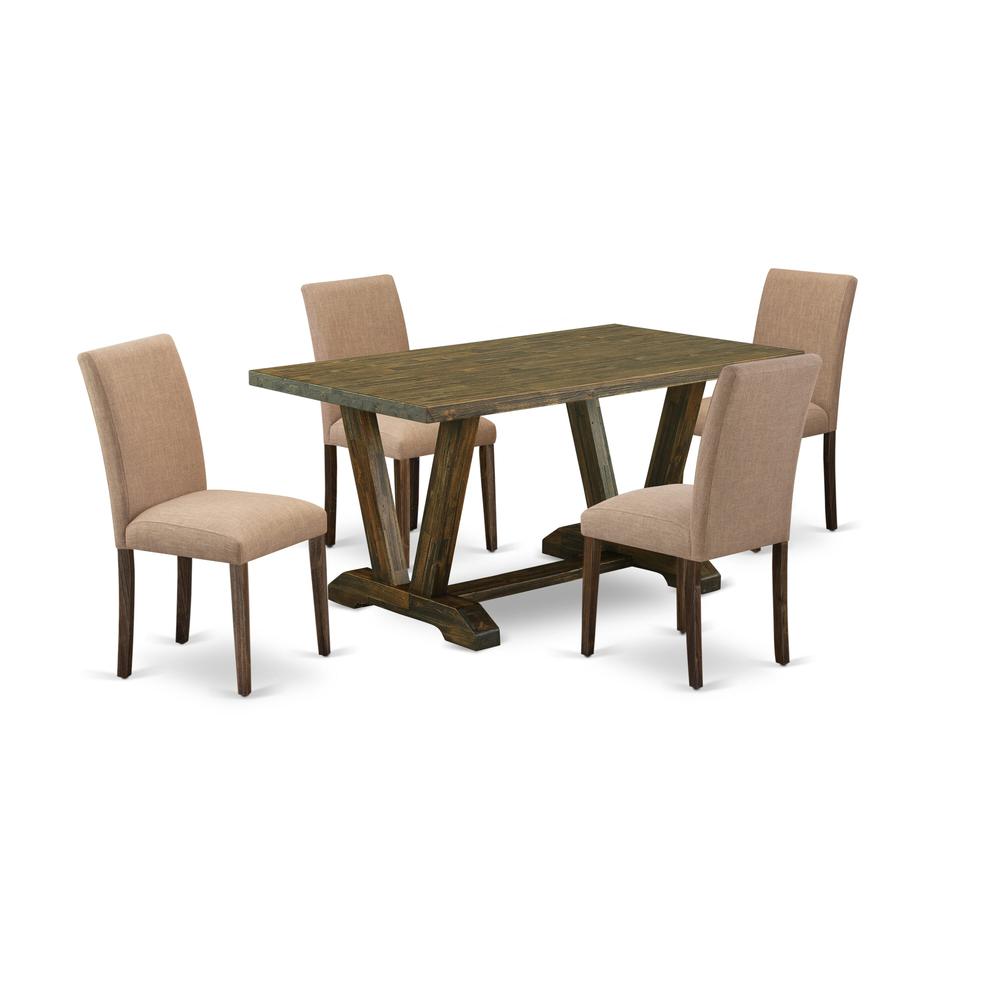 East West Furniture 5-Piece Modern Dining Table Set-A Mid Century Dining Table and 4Linen FabricModern Chairs with High Back - Distressed Jacobean Finish. Picture 1