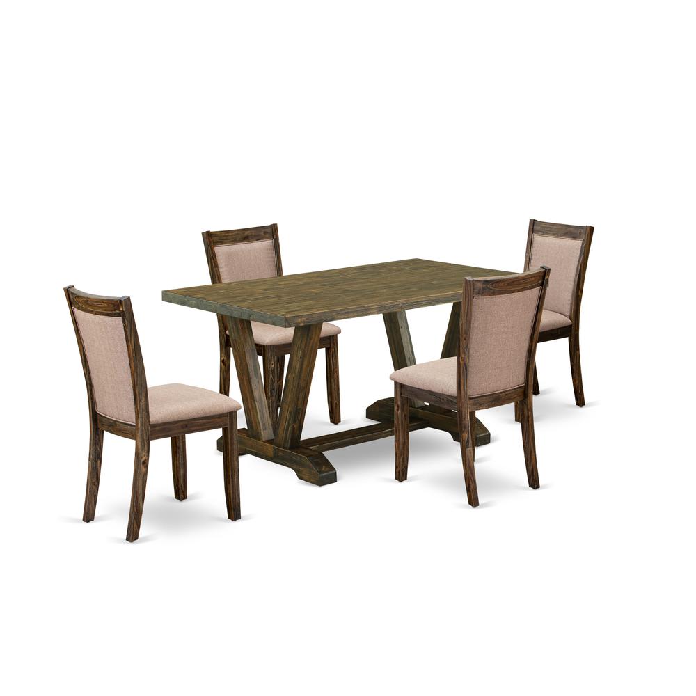 V776MZ716-5 5 Piece Dining Table Set - A Modern Dining Table with Trestle Base and 4 Parson Chairs - Distressed Jacobean Finish. Picture 1
