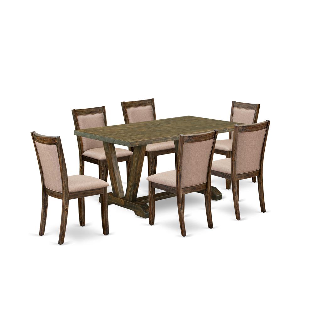 V776MZ716-7 7 Pc Modern Dining Set - A Kitchen Table with Trestle Base and 6 Chairs For Dining Room - Distressed Jacobean Finish. Picture 1