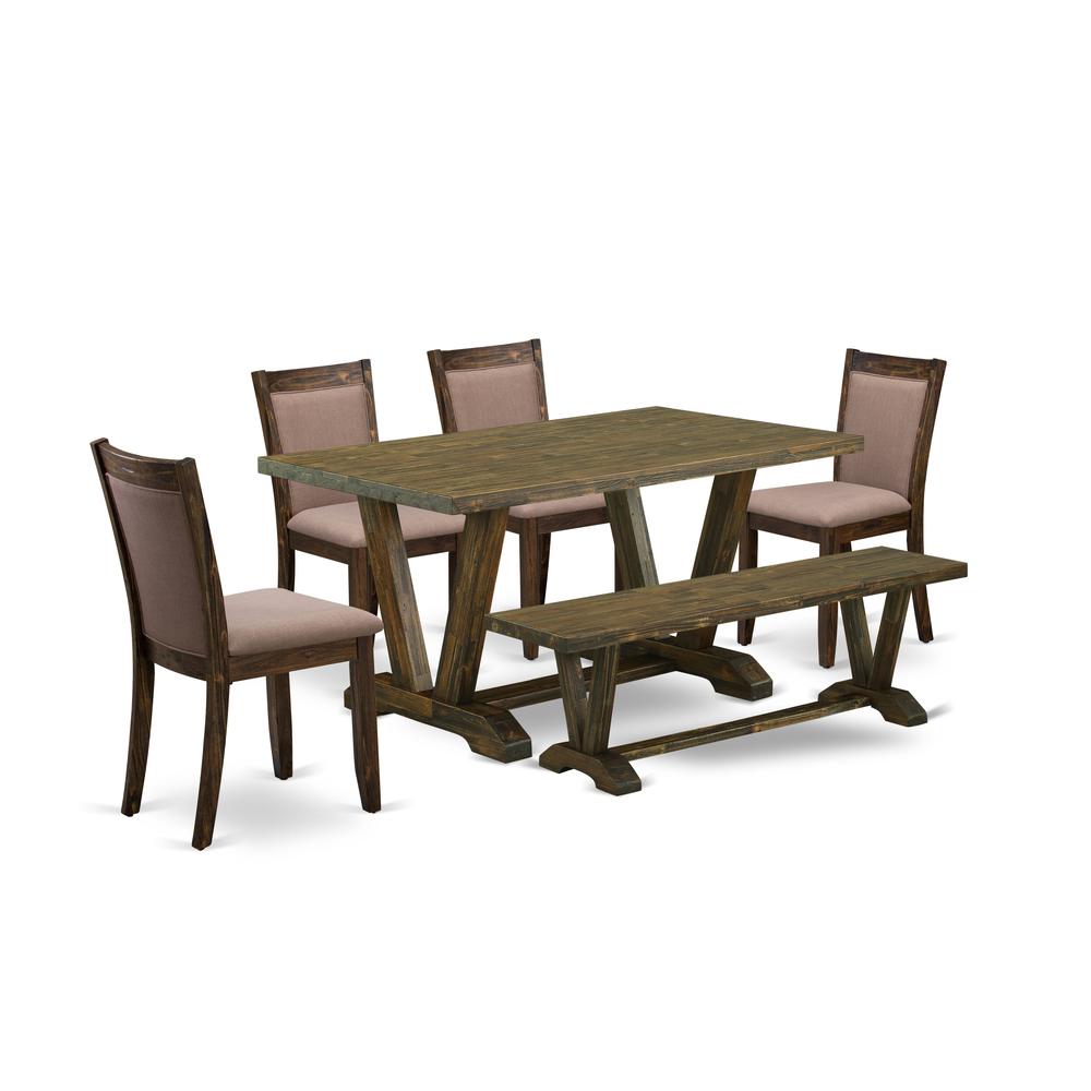 V776MZ748-6 - 6-Pc Dining Set - 4 Dining Chairs, a Dining Bench and 1 Modern Dining Table (Distressed Jacobean Finish). Picture 1