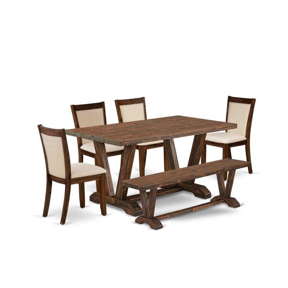 East West Furniture 6-Pc Small Dining Set - 1 Beautiful Modern Dining Table, A Dining Bench and 4 Light Beige Fabric Wood Dining Chairs with Stylish Back (Distressed Jacobean Finish). Picture 1
